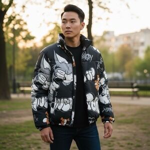 Tom and Jerry Men's S Full Zip Puffer Jacket Black Multi Cartoon NWOT